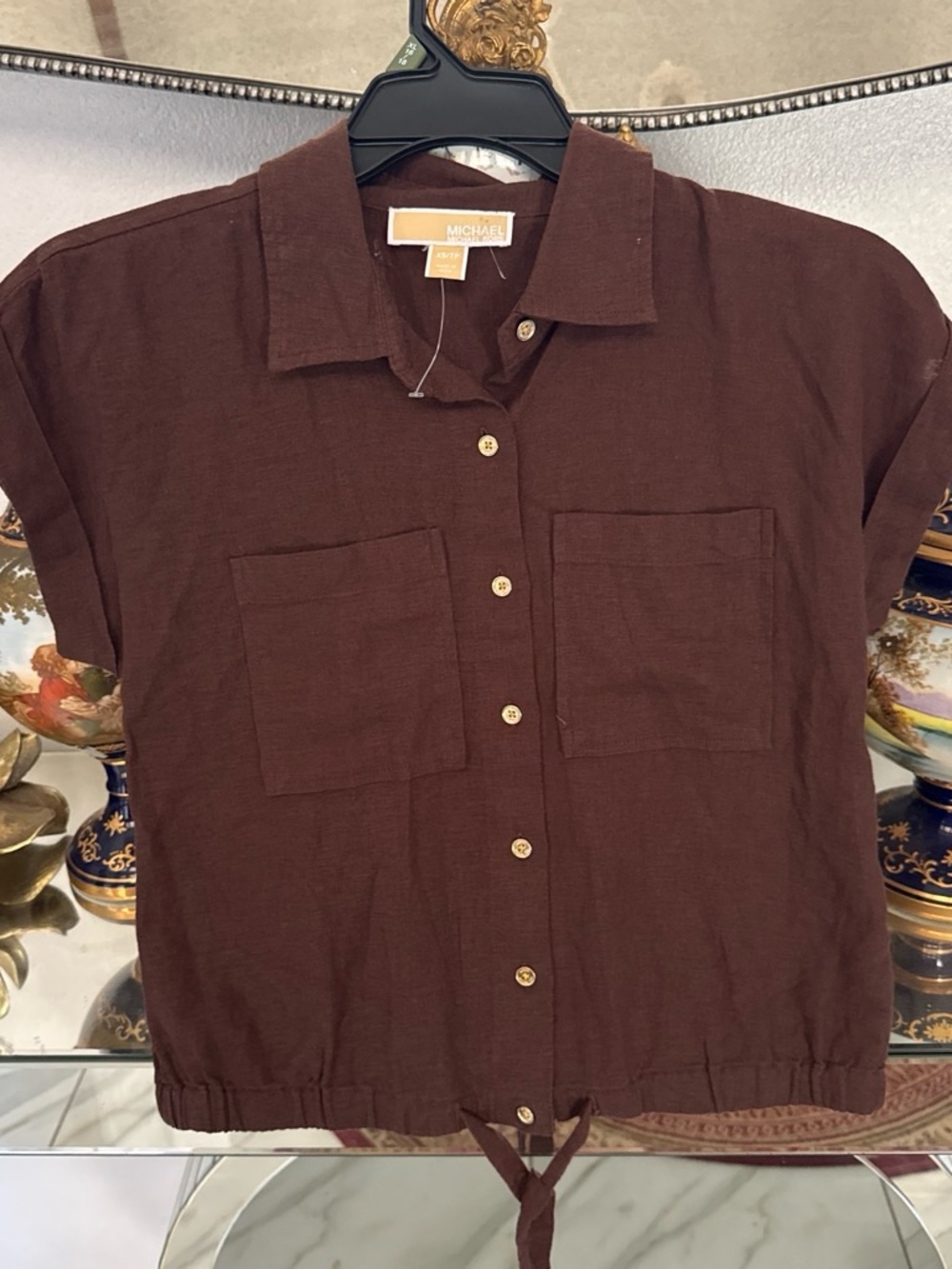Michael Kors Men's Brown Short Sleeve Button-Front Shirt